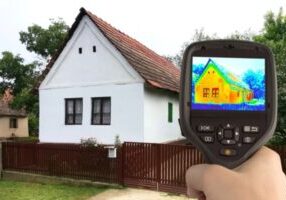 man holding thermal gun pointed at a house inspecting energy efficiency