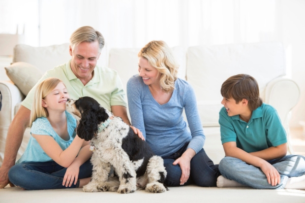 family of four lounging with their dog depicting a cool environment due to air conditioning