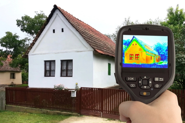 man holding thermal gun pointed at a house inspecting energy efficiency